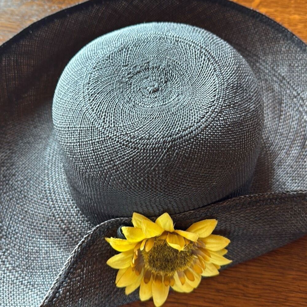 Vintage Black Fine Weave Wide‎ Brim Straw Hat Sunflower Women’s Size Medium - Picture 2 of 13